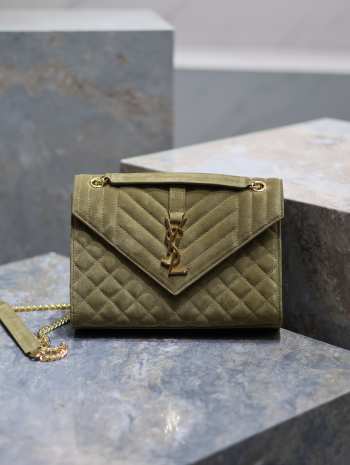 Uubags YSL Small Envelope suede leather bag in green gold buckle 21x13x6cm