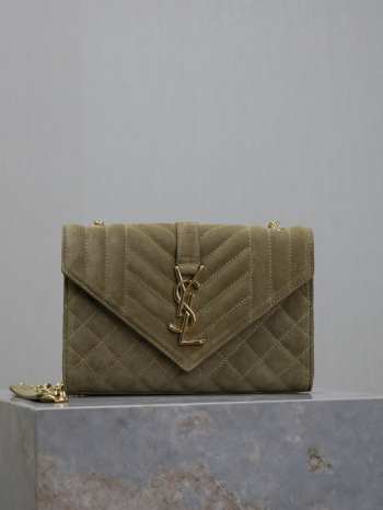 Uubags YSL Envelope suede leather bag in green gold buckle 24x17.5x6cm