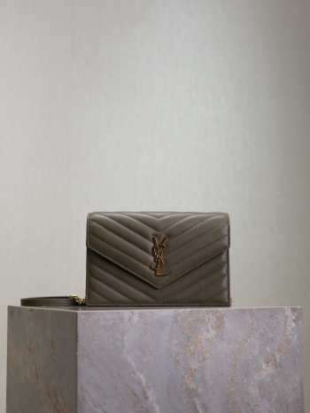 Uubags YSL small Cassandre Envelope chain wallet in olive wood lambskin 19x12.5x3.5cm