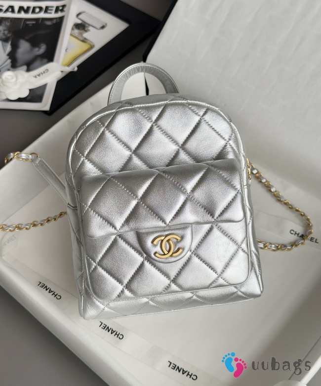Uubags Chanel Duma backpack in silver metallic lambskin with gold hardware 22x22.5x8.5cm - 1