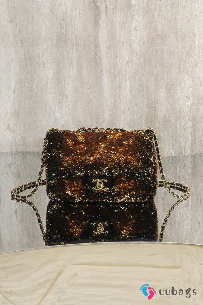 Uubags Chanel 25B Small Sequined CF Flap Bag Brown/Gold With Gold Hardware 21x8x14cm - 1