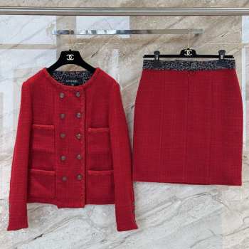 Uubags Chanel Tweed Jacket & Skirt Set In Red Wool Blend