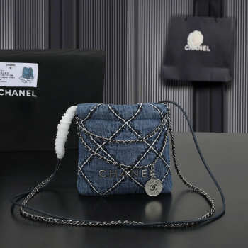 Uubags Chanel Blue Quilted Denim Mini 22 Bag & Silver Metallic 22x16x16cm