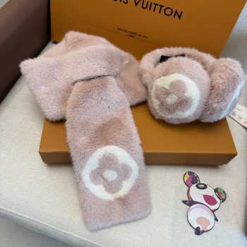 Uubags Louis Vuitton Earmuffs & Fur Scarf Set Monogram Flower Pink shearling