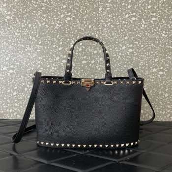 Uubags Valentino Garavani Rockstud Small Shopping Bag In Black Grainy Calfskin 28x18.5x7cm