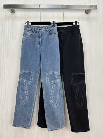 Uubags Chanel High-Waisted Straight-Leg Denim Jeans with 3D Cargo Knee Pockets