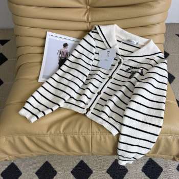 Uubags Dior Striped Sailor-Collar Knit Cardigan with Embroidered Detail