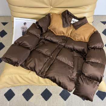 Uubags Miu Miu technical pongé and leather down jacket in coffee