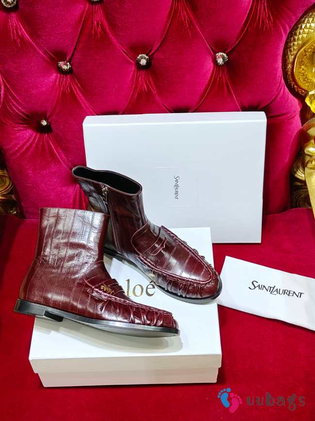 Uubags YSL Patent Croc-Embossed Penny Loafer Ankle Boots In Burgundy - 1