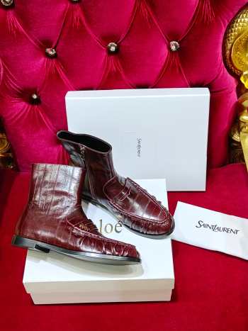 Uubags YSL Patent Croc-Embossed Penny Loafer Ankle Boots In Burgundy