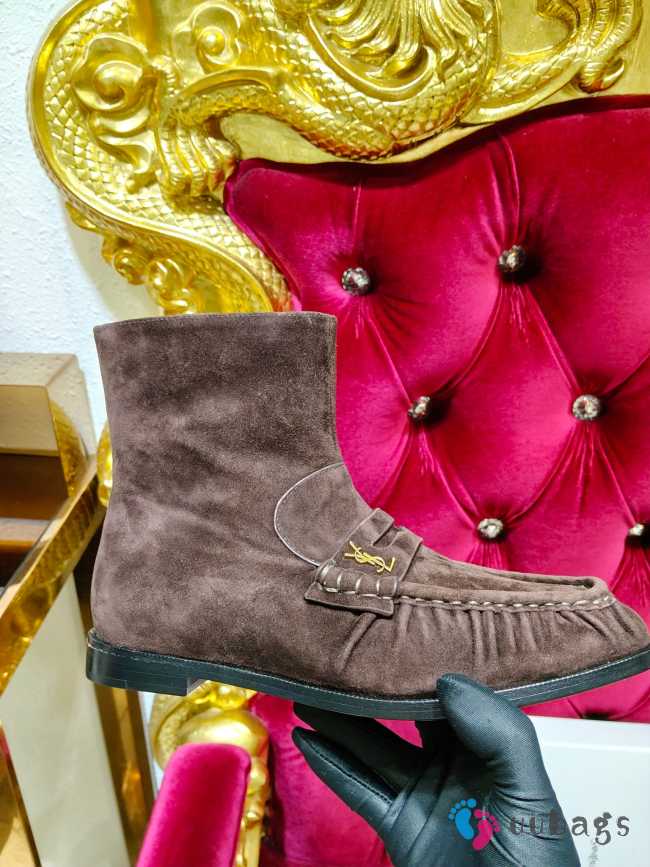 Uubags YSL Suede Penny Loafer Ankle Boots In Dark Brown - 1