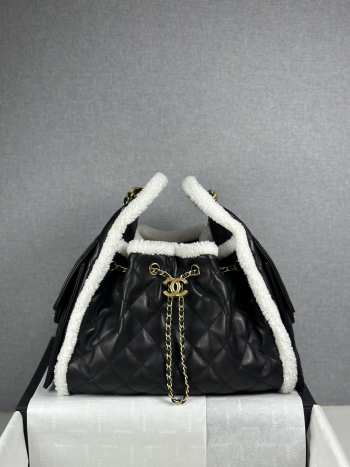 Uubags Chanel 25 Small Handbag Grained Shearling Leather & Gold Metallic Black & White 30x26x14cm
