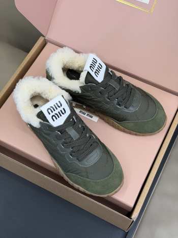 Uubags Miu Miu Leather and Shearling Sneakers Khaki Green