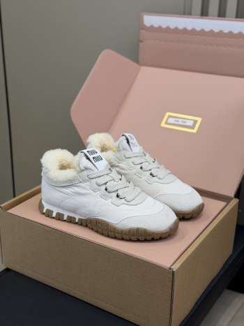 Uubags Miu Miu Leather and Shearling Sneakers White