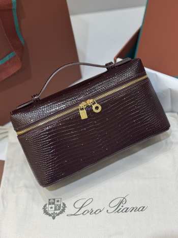 Uubags Loro Piana Extra Pocket L19 Monitor Lizard Bag Chocolate/Sun Gold 11x19x6.5cm