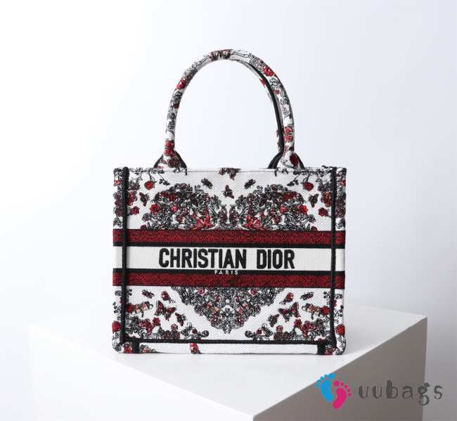 Uubags Dior Small Book Tote Bag Butterfly Embroidery in Red and Black 26.5x21x14cm - 1