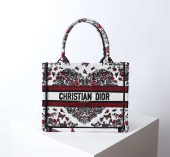 Uubags Dior Small Book Tote Bag Butterfly Embroidery in Red and Black 26.5x21x14cm