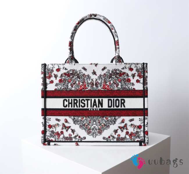 Uubags Dior Medium Book Tote Bag Butterfly Embroidery in Red and Black 36.5x28x14cm - 1