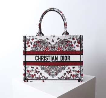 Uubags Dior Medium Book Tote Bag Butterfly Embroidery in Red and Black 36.5x28x14cm