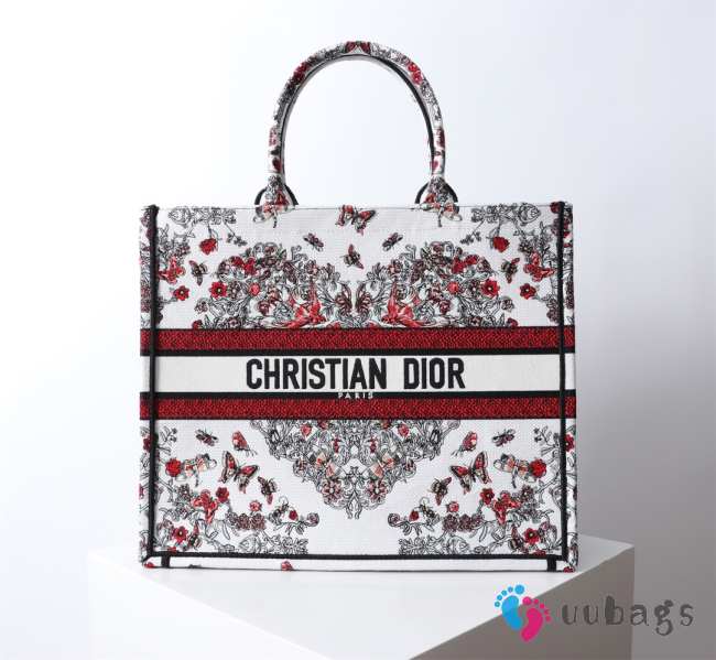 Uubags Dior Large Book Tote Bag Butterfly Embroidery in Red and Black 41.5x34.5x16cm - 1