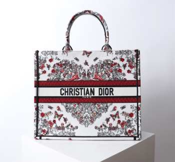 Uubags Dior Large Book Tote Bag Butterfly Embroidery in Red and Black 41.5x34.5x16cm