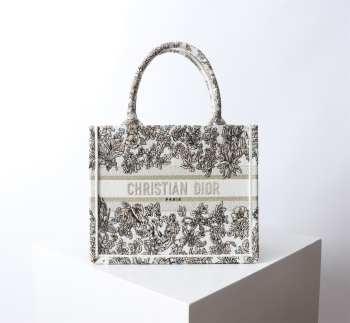 Uubags Small Dior Book Tote Bag in Beige Multicolor Toile de Jouy Flower Embroidery 26.5x21x14cm
