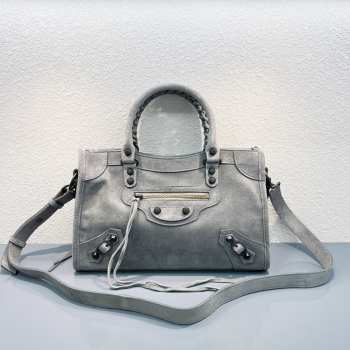 Uubags Balenciaga Le City bag small in light grey waxed suede calfskin, brass hardware