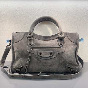 Uubags Balenciaga Le City bag large in light gray waxed suede calfskin, brass hardware