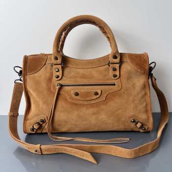 Uubags Balenciaga Le City bag large in camel waxed suede calfskin, brass hardware