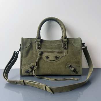 Uubags Balenciaga Le City bag small in green waxed suede calfskin, brass hardware