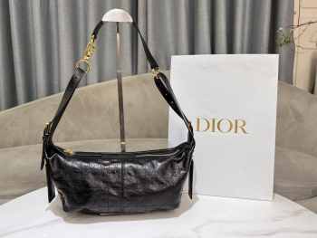 Uubags Dior Medium D-Journey Bag in Crinkled Calfskin Black Flat Macrocannage 33x16x15cm