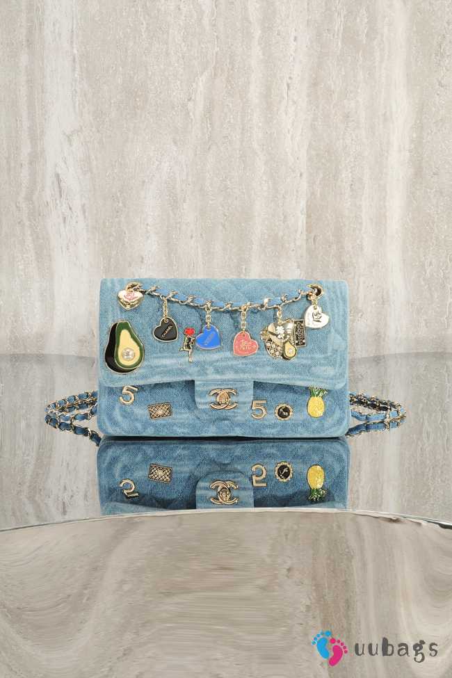 Uubags Chanel Medium 24K Flap Bag 25cm Multi Charm Blue Denim Gold Hardware - 1