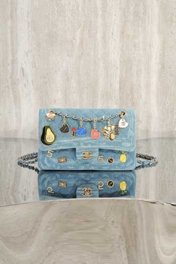 Uubags Chanel Medium 24K Flap Bag 25cm Multi Charm Blue Denim Gold Hardware