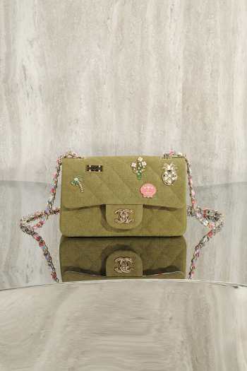Uubags Chanel Small Coco Cuba Charms Jumbo Classic Flap Bag Canvas Green 20cm 