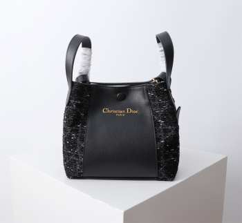 Uubags Dior Small Signature Bucket Bag Black Tweed & Grained Calfskin 21x11x19cm