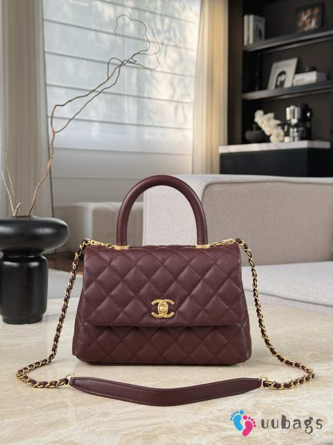 Uubags Chanel Mini Coco Handle Flap Bag Burgundy Quilted Caviar 14x24x10cm - 1