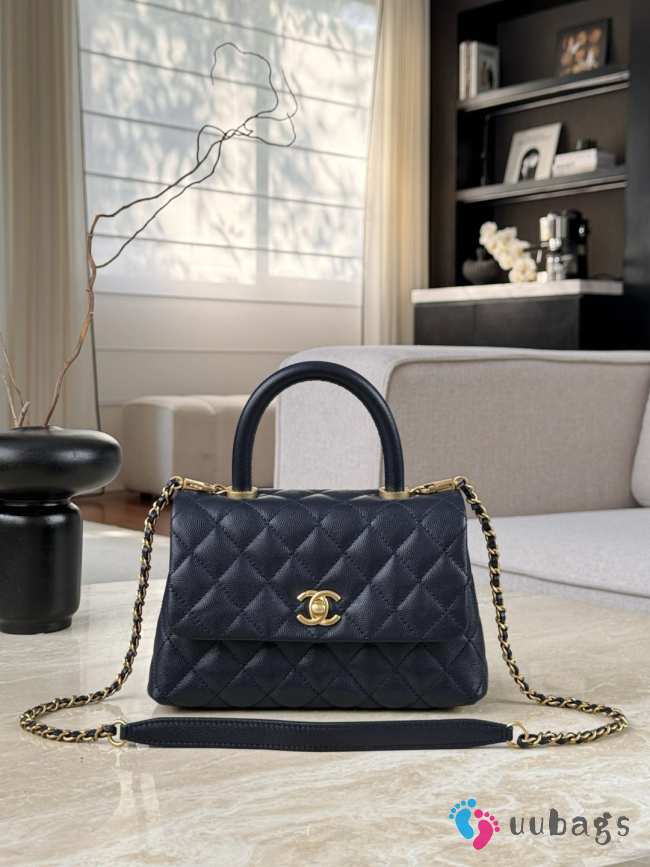 Uubags Chanel Mini Coco Handle Flap Bag Navy Blue Quilted Caviar 14x24x10cm - 1