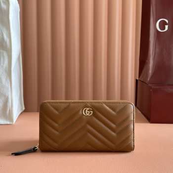 Uubags Gucci GG Marmont zip around wallet brown matlassé chevron leather 19x10.5x2cm
