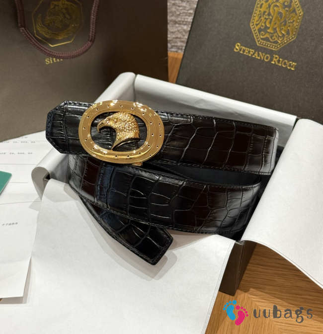 Uubags Stefano Ricci Matted black crocodile leather belt with gold buckle 3.8cm - 1