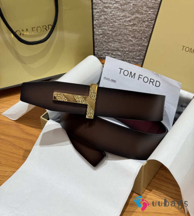 Uubags Tom Ford Man Ridge T Reversible Belt in Hammered Leather Brown 4cm - 1