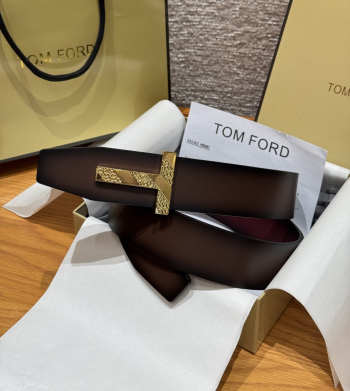 Uubags Tom Ford Man Ridge T Reversible Belt in Hammered Leather Brown 4cm