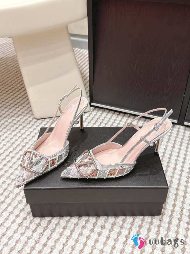 Uubags Valentino VLogo Signature Slingback Décolleté With Rhombelle Embroidery In Platinum 8.5cm - 1