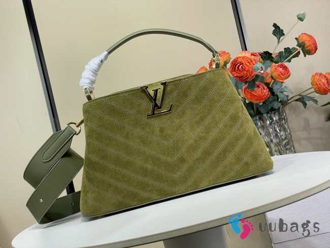 Uubags Louis Vuitton M25485 Capucines MM Souple Bag In Dark Khaki Suede Calfskin Leather 33x24x12cm - 1