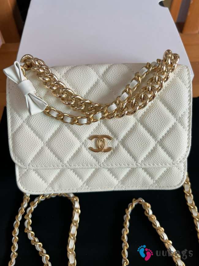 Uubags Chanel Mini Flap Bag with Bow In White Caviar Leather 17x12x4cm - 1