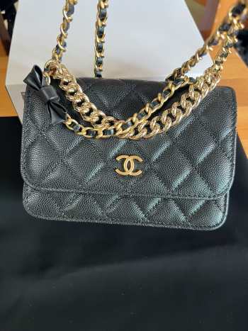 Uubags Chanel Mini Flap Bag with Bow In Black Caviar Leather 17x12x4cm