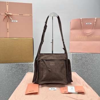 Uubags Miu Miu Suede Utility Shoulder Bag In Dark Brown 26x20x10cm