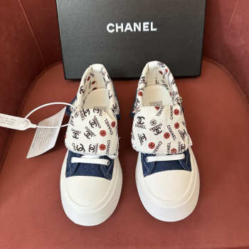 Uubags Chanel Low-Top Sneakers In Blue Denim/ White & Logo-Print Fabric
