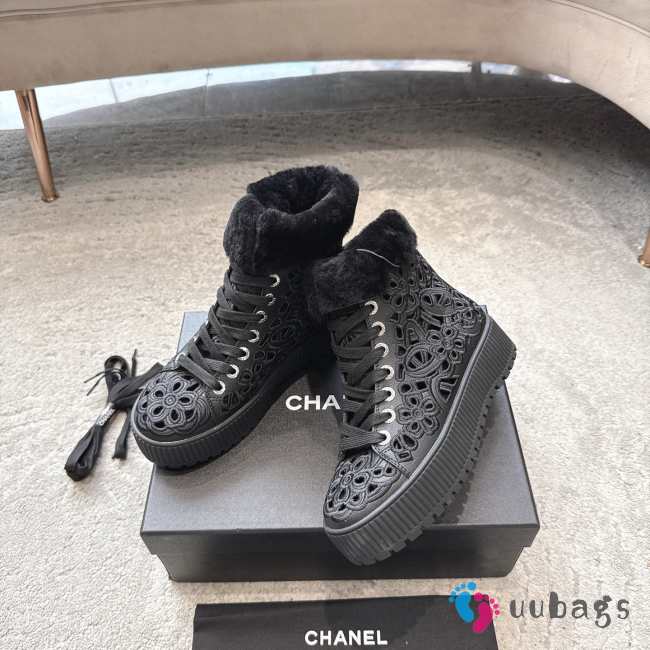 Uubags Chanel Ankle Boots with Embroidered Calfskin and Shearling Black  - 1