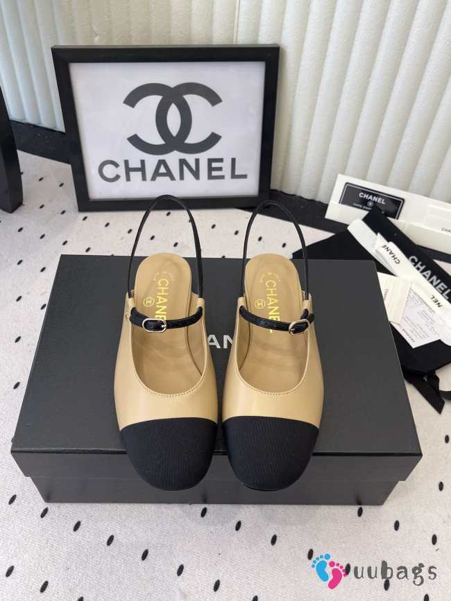 Uubags Chanel slingback goat leather & grosgrain fabric in beige & black - 1