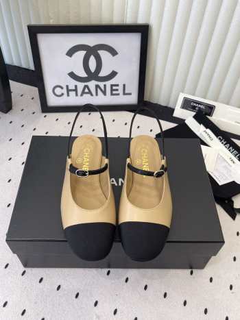 Uubags Chanel slingback goat leather & grosgrain fabric in beige & black